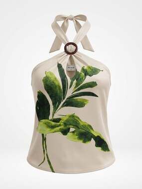 A.Peach Tropical Leaf Print Halter Top with Wood Accent Ring - Medium